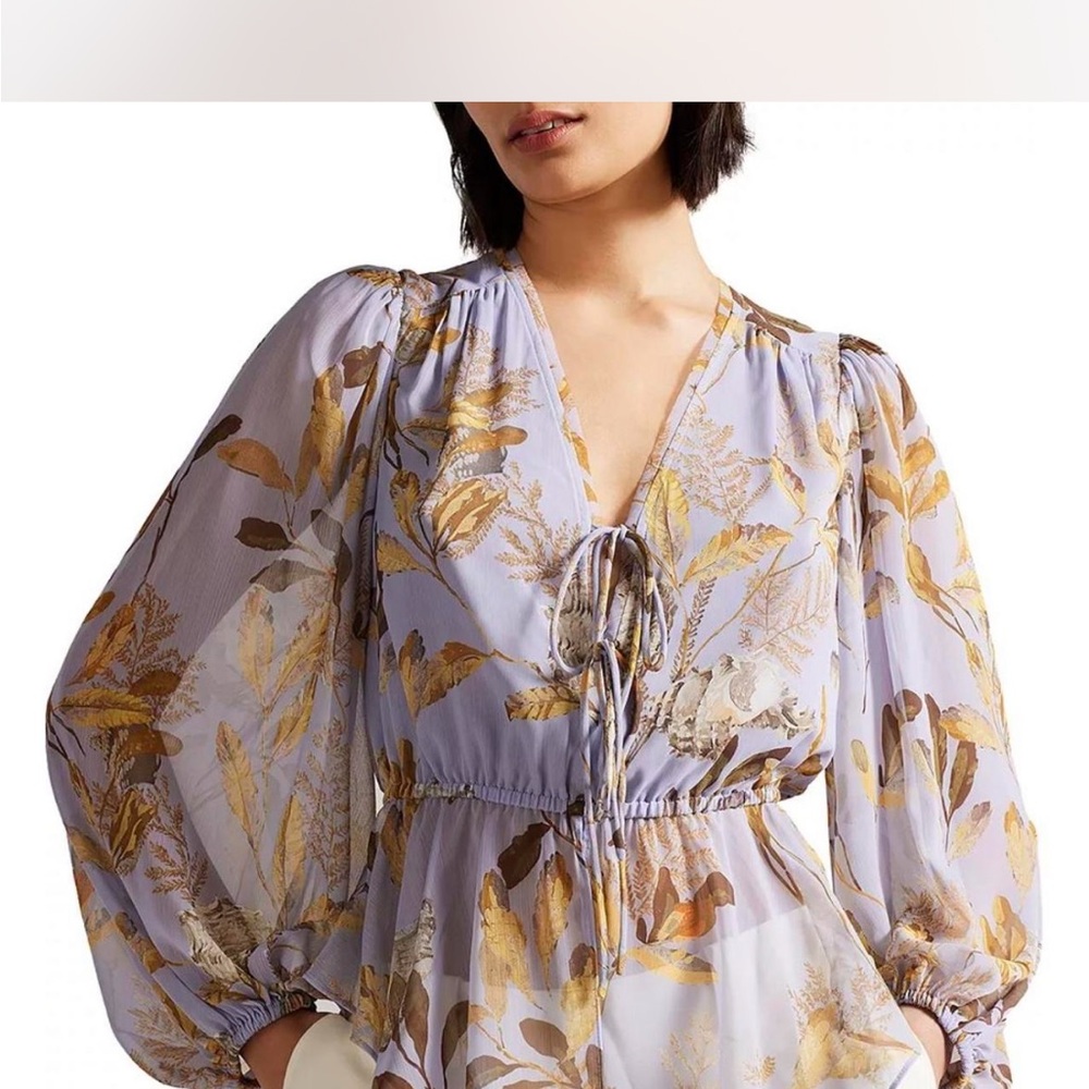 Ted Baker Floral Sheer Blouse with Tie Front